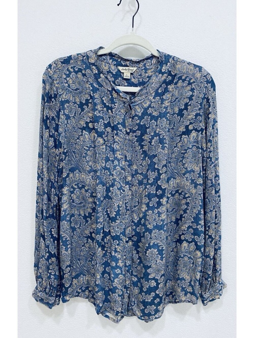 Lucky Brand Top Womens Large Blue Paisley Pleated Peasant Lightweight Boho